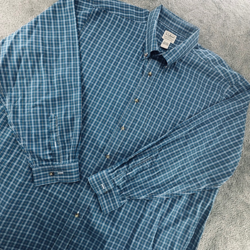 L.L. Bean Button Down Men XXXL Blue Plaid Excellent Traditional Fit Cotton Shirt